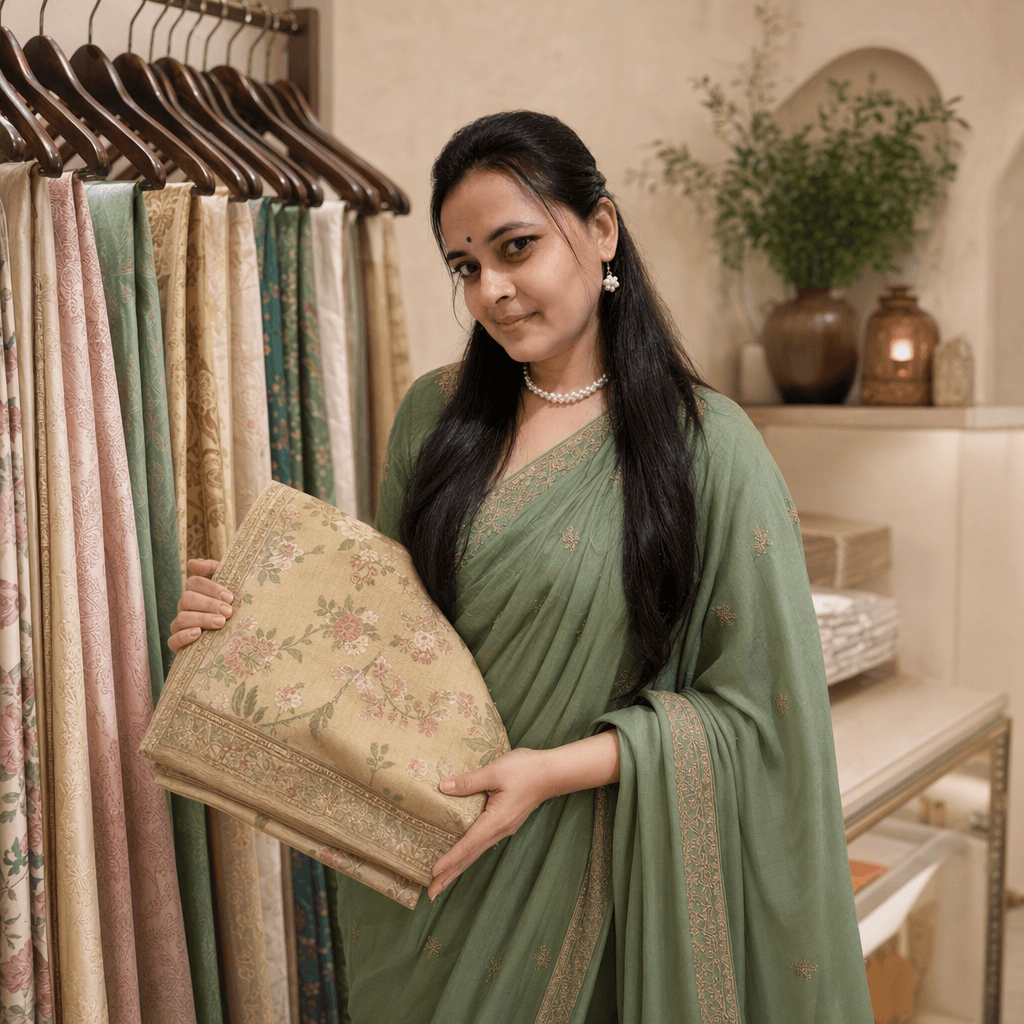 Surbhi presenting the boutique collection available at her Rohtak studio
