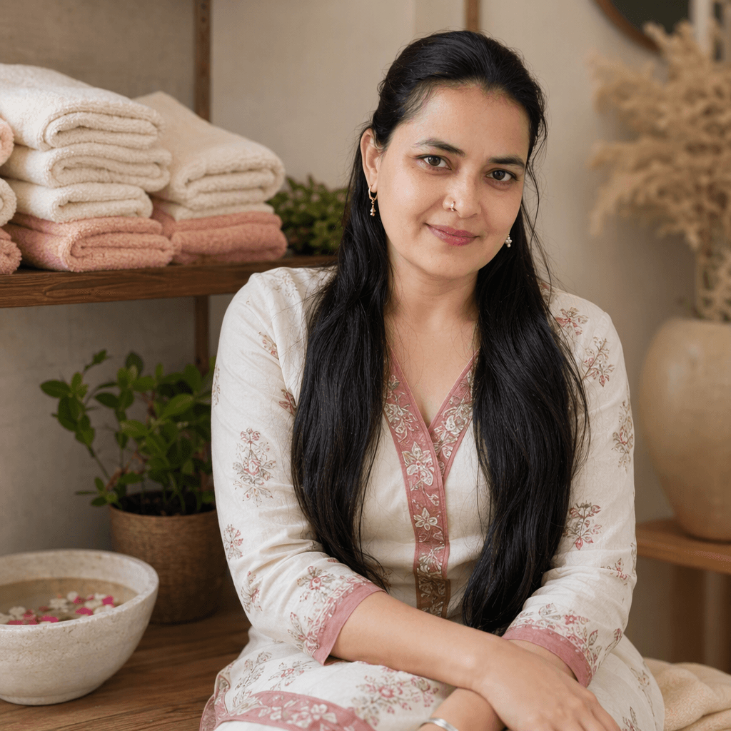 Surbhi with the wellness collection at her beauty parlour